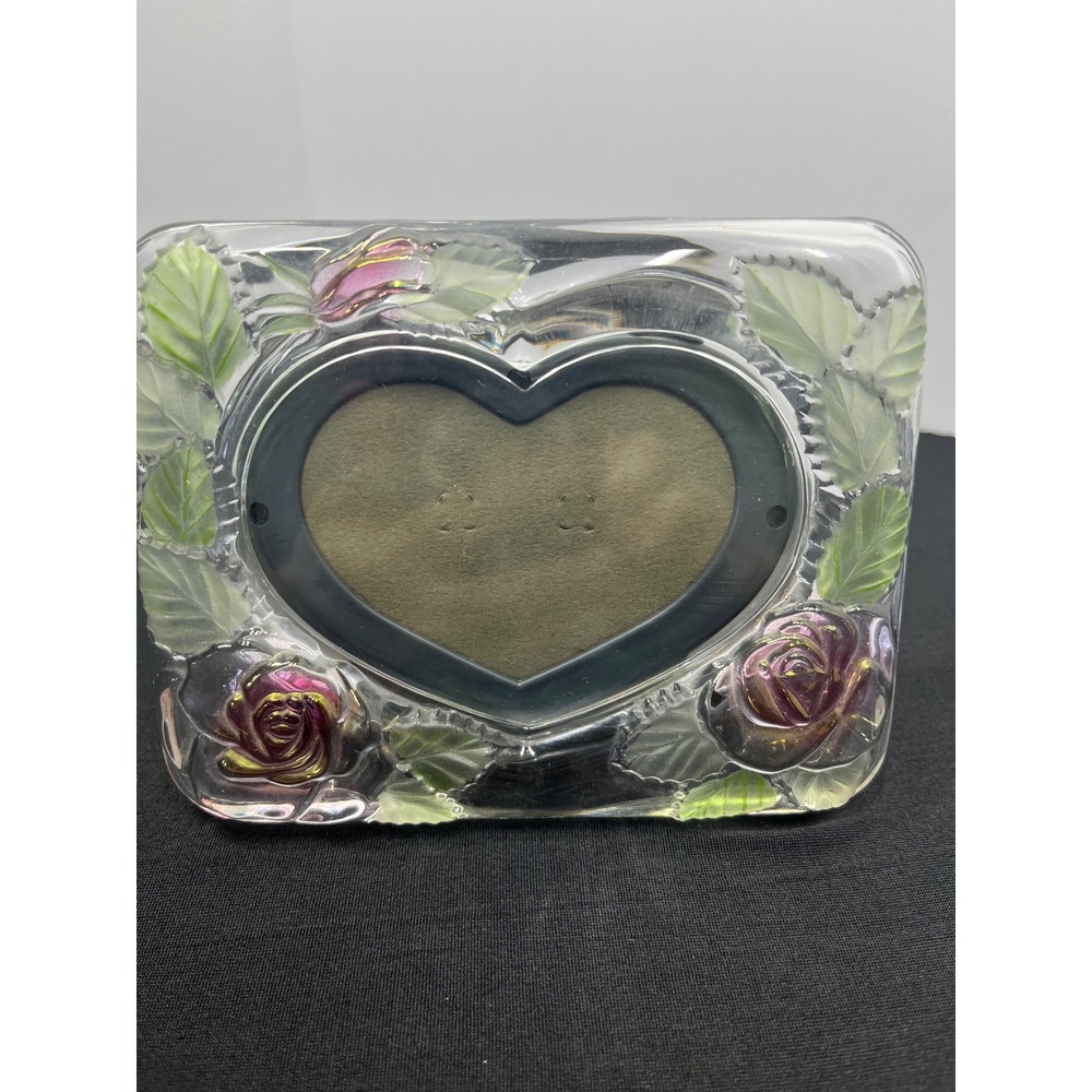 Home Beautiful Crystal Heart Picture Frame Pink Roses Green Leaves Japan Glass